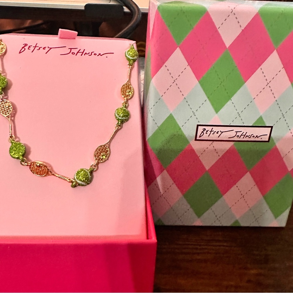 Betsey Johnson Tennis Racquet Necklace Gold Tone Green Beaded NWT Box